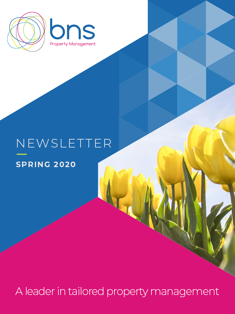 BNS Spring 2020 newsletter front page with BNS logo and yellow tulips