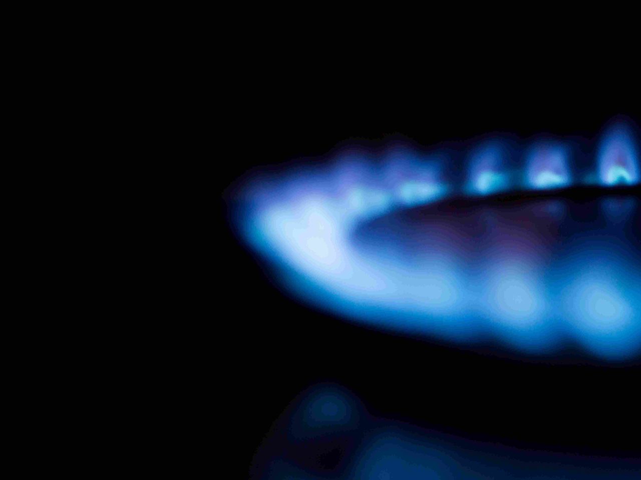 Black background with up close image of blue gas hob ring fire