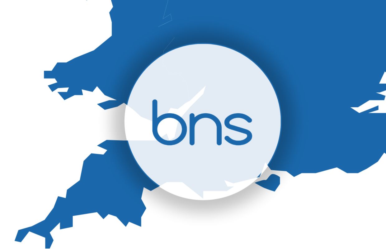 map of south west england and wales with BNS logo indicating areas covered by bns property services